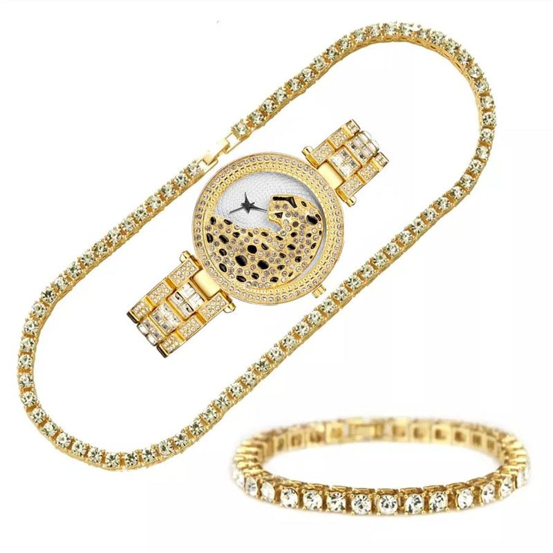 Stainless Steel Iced Out Watch, Tennis Chain Bracelet, and Necklace Set for Women