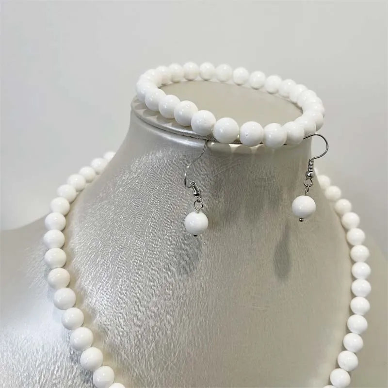 White Tridacna Pearl Jewelry Set Necklace Earring Bracelet Chain Choker for Women