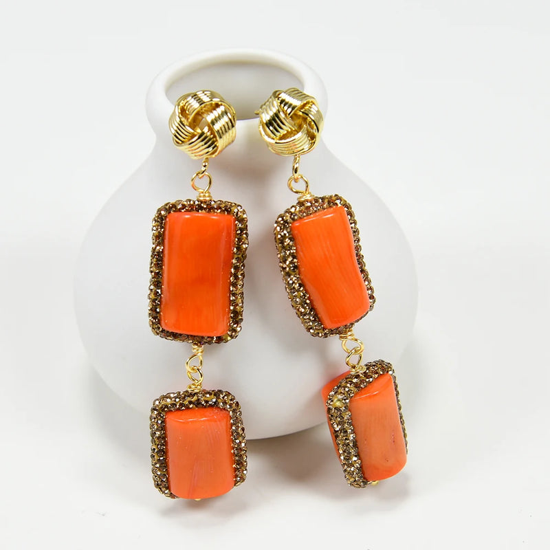 Sterling Silver Natural Orange Coral Branch Dangle Stud Earrings for Women