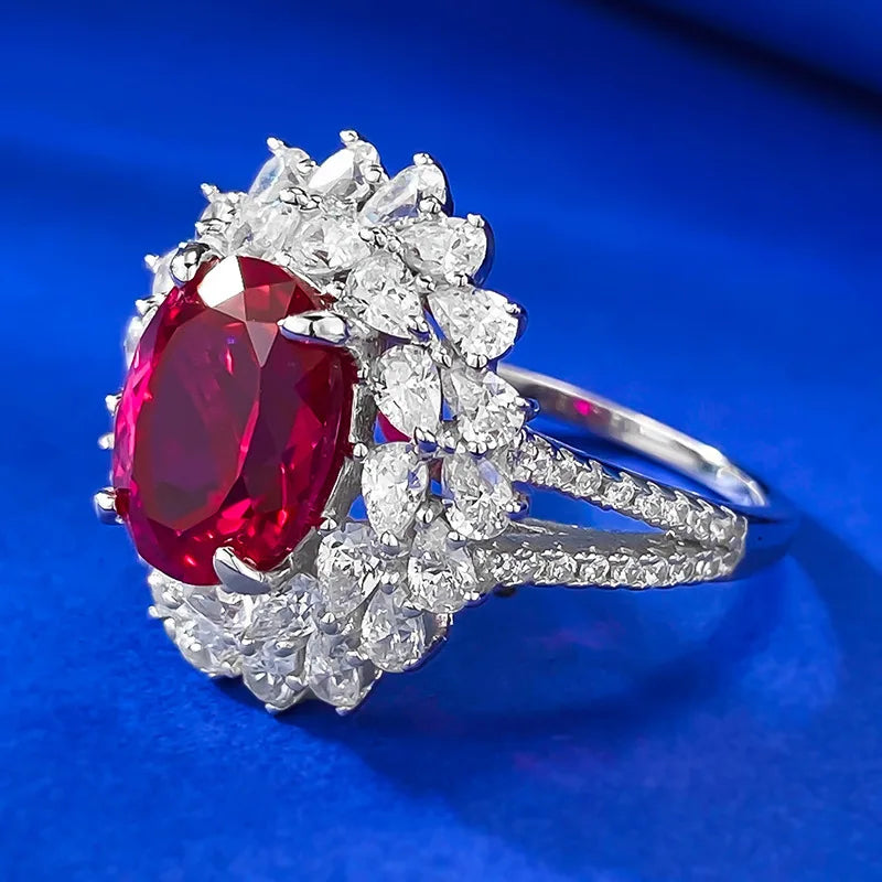 Sterling Silver Pigeon Blood Red Simulation Diamond Flower Cluster Ring for Women