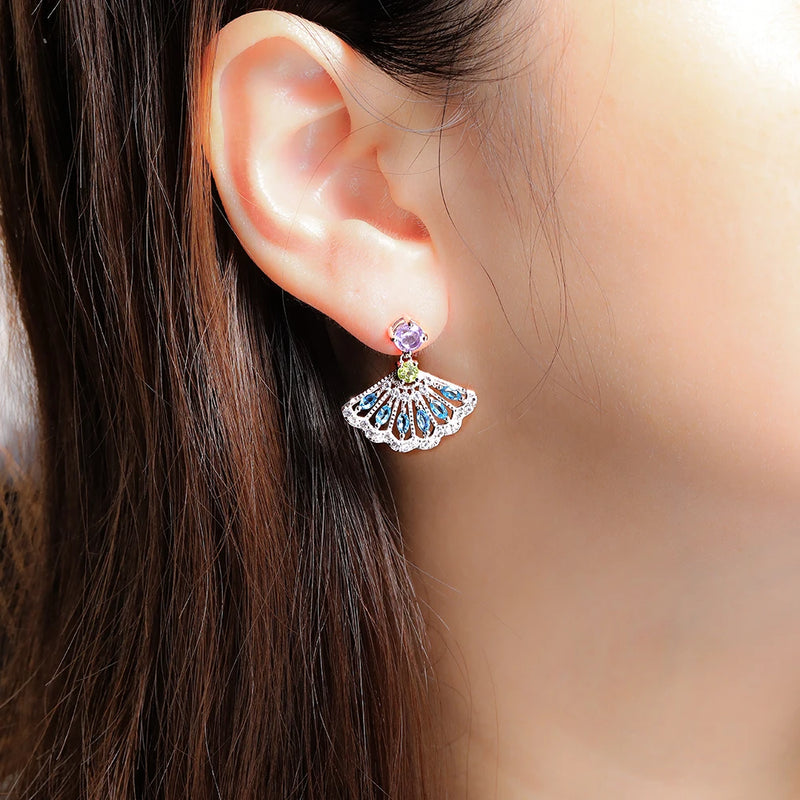 925 Sterling Silver Fan Skirt Opal Tourmaline Earrings for Women