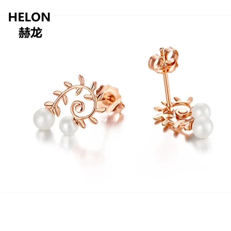 14k Rose Gold Leaf and Freshwater Pearl Stud Earrings for Women