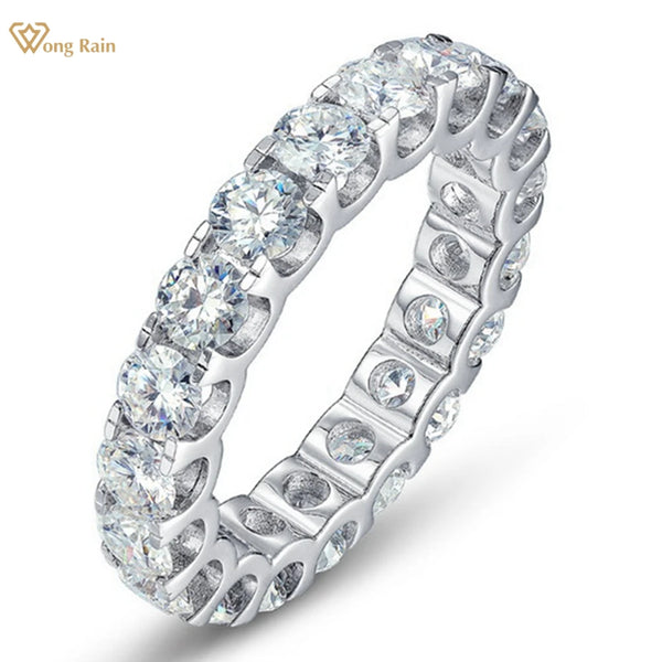 Wong Rain 925 Sterling Silver 3EX VVS1 D Color Round Cut Real Moissanite Pass Test 4 MM Diamonds Row Ring Wedding Band Jewelry