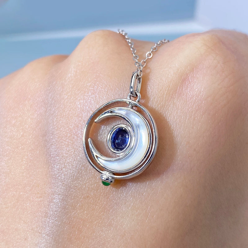 Sterling Silver Sapphire Moon Pendant Necklace for Women