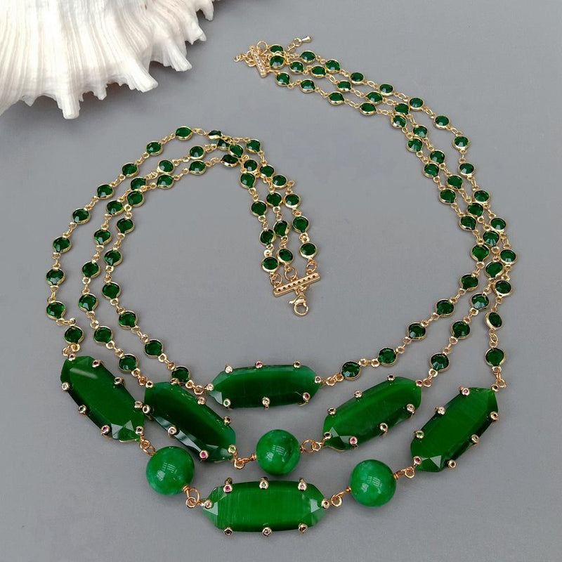 Y.YING 3 Rows Green Crystal Bezel Set Chain Green Cat Eye Cz set Jade Necklace 20\"