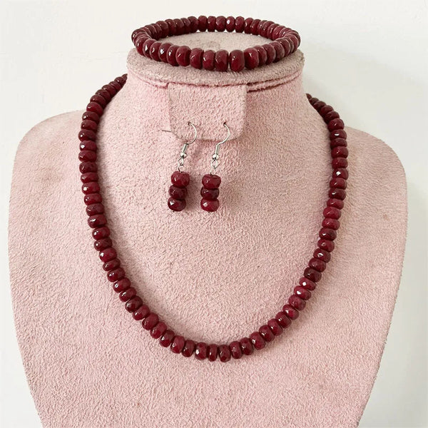 Sterling Silver Deep Red Ruby Jewelry Set Neckalce Earrings Bracelet for Women