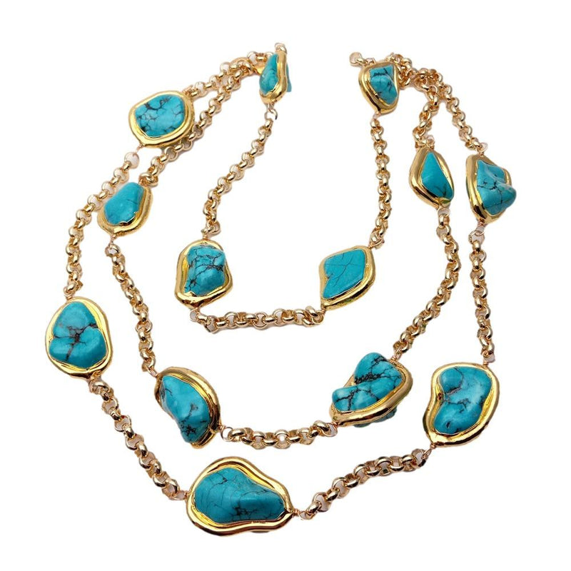 Y.YING 3 Rows Blue Turquoise Freeform Shape Gold Plated Chain Necklace