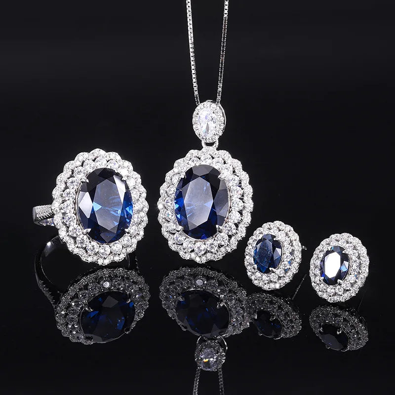 S925 Silver Tanzanian Blue Topaz Statement Jewelry Set for Women