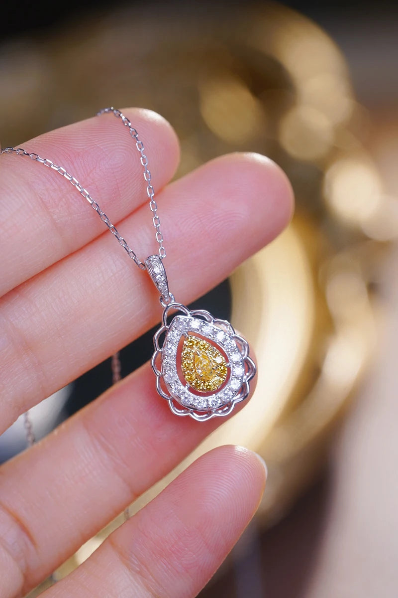 18K White Gold Natural Yellow Diamond Water Drop Necklace for Women