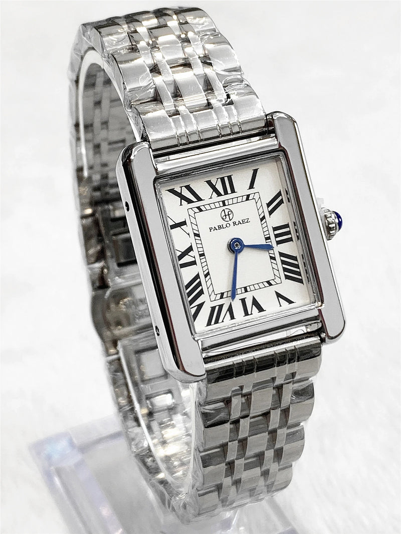 Luxury Square Stainless Steel Watch with Blue Hands & Thin Dial for Women