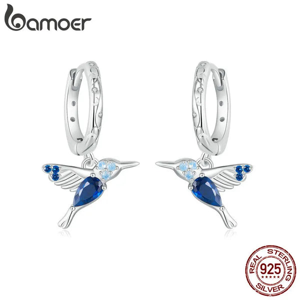 Sterling Silver Blue Opal Hummingbird Hoop Earrings for Women