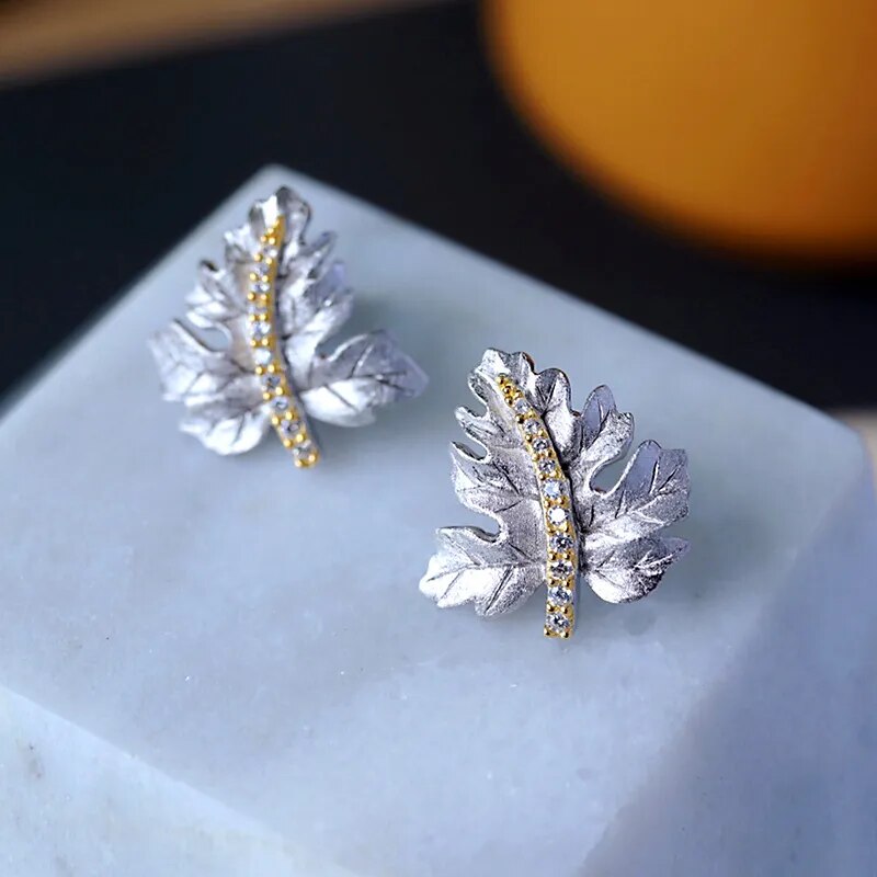 Sterling Silver Maple Leaf Brushed Stud Earrings for Women