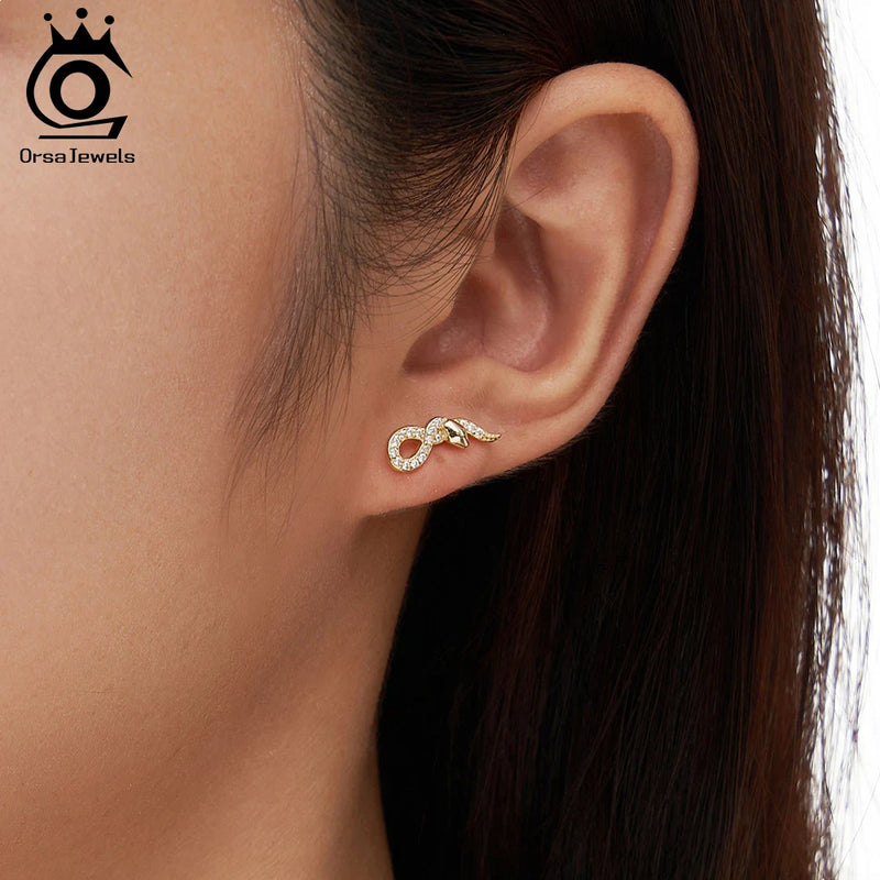 925 Silver Snake Stud Earrings with Cubic Zircon for Women