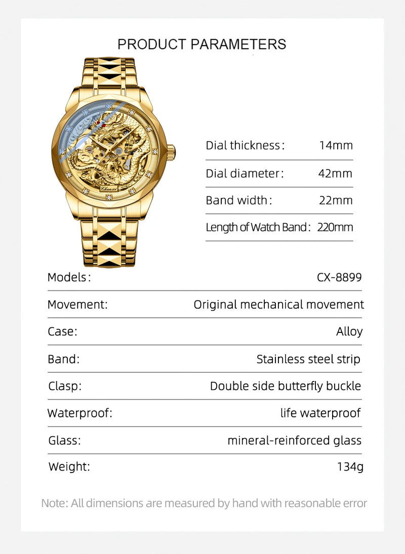 Gold Stainless steel 3D embossed dragon pattern automatic mechanical watch for Men