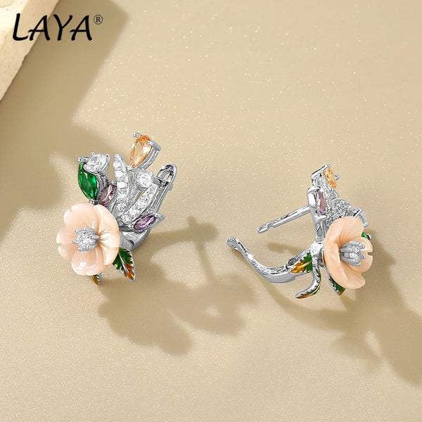 925 Sterling Silver Shell Flower Earrings with White Champagne Zircon for Women