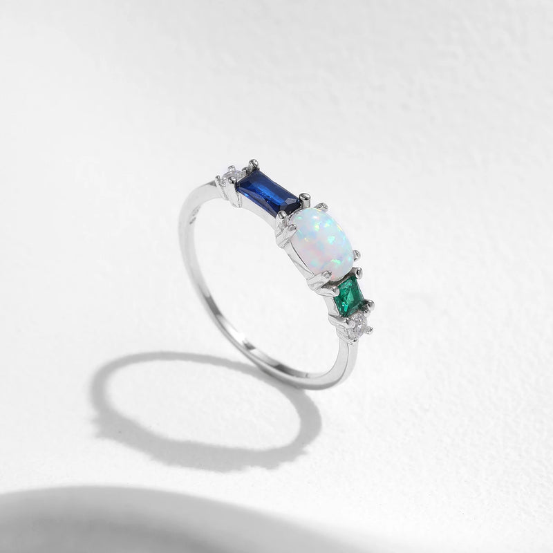 Sterling Silver Opal & Colorful Zirconia Ring for Women