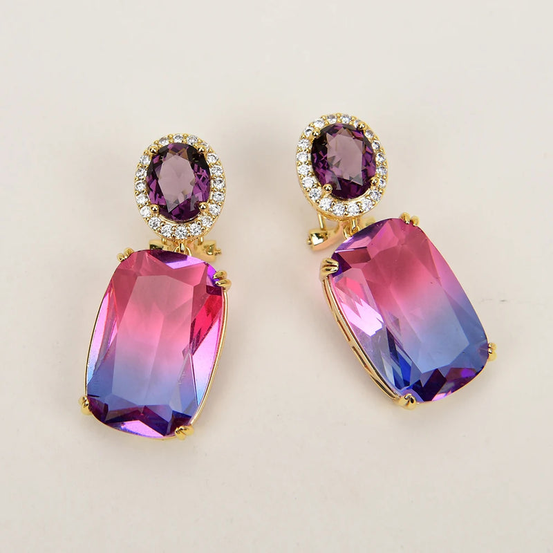 Gold Plated Natural Gradient Red Purple Crystal Rectangle Zircon Stud Earrings for Women