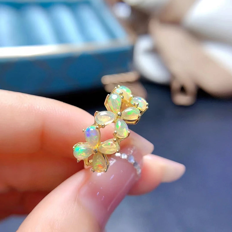 925 Sterling Silver Opal Flower Ring for Women