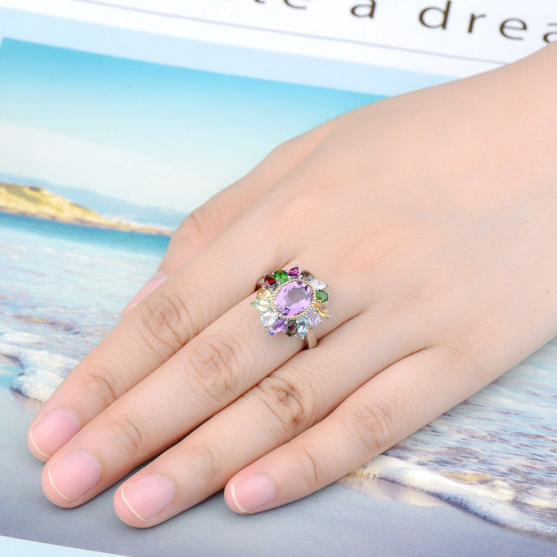 Sterling Silver 4.00ctw Amethyst, Diopside, Citrine & Topaz Multicolor Rings for Women