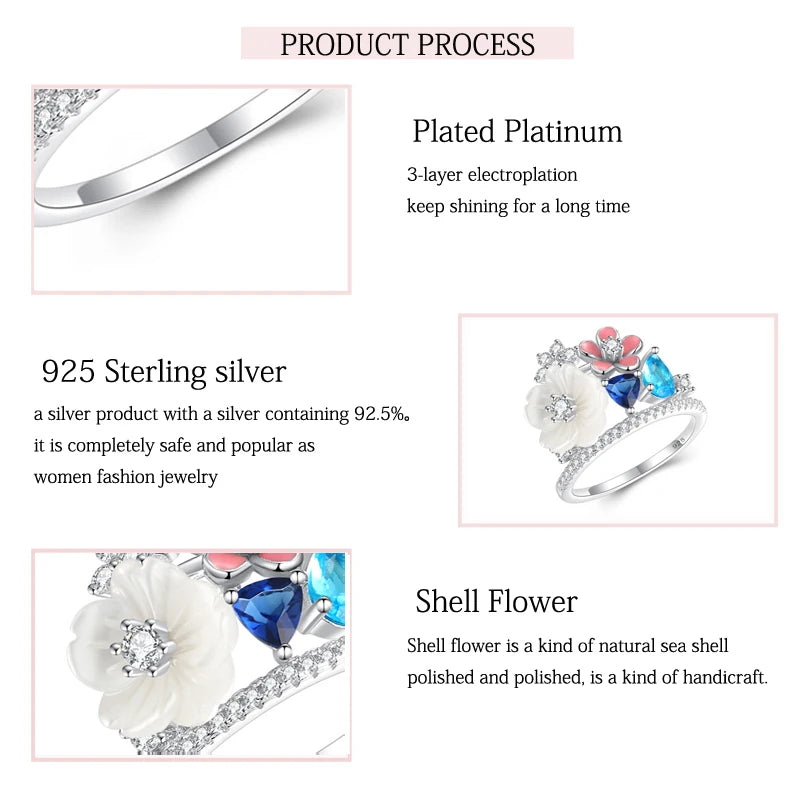 Sterling Silver White Shell Flower Zircon Ring for Women