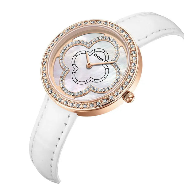 Stainless Steel Leather Quartz Watch with White Flower Dial for Women