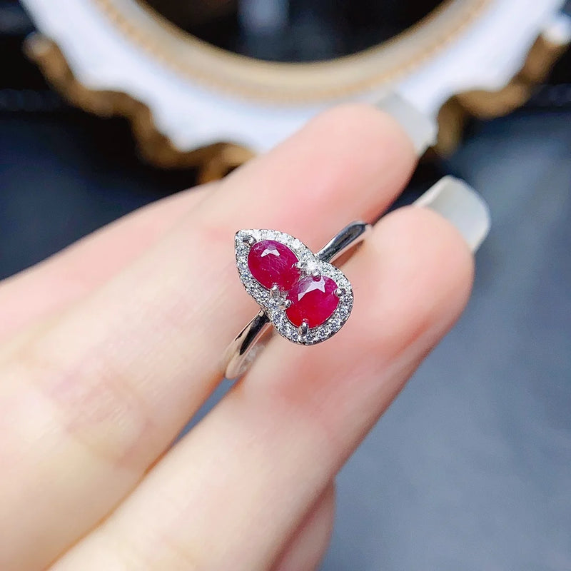 Sterling Silver Natural Ruby Gourd Shaped Ring for Women