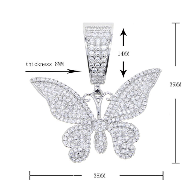 Gold or Silver Butterfly Pendant Necklace with Cubic Zircon, Iced Out, for Men or Women