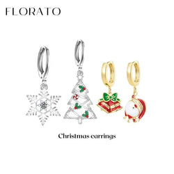 Sterling Silver Christmas Tree/Santa/Snowflake Pendant Hoop Earrings for Women