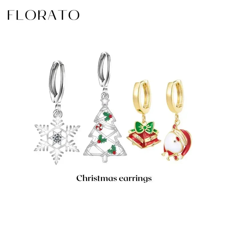 Sterling Silver Christmas Tree/Santa/Snowflake Pendant Hoop Earrings for Women