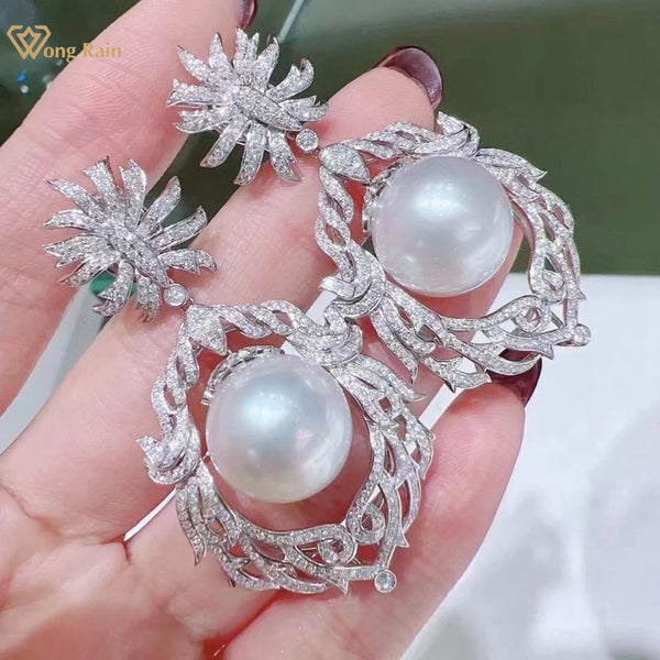 Wong Rain Luxury 925 Sterling Silver 10-12 MM Natural Pearl High Carbon Diamond Gems Sparkling Drop Earrings Customized Jewelry