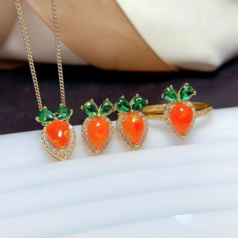 925 Silver Fire Opal Radish Shape Jewelry Set for Women