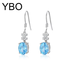 925 Sterling Silver Natural Blue Topaz Dangling Earrings for Women