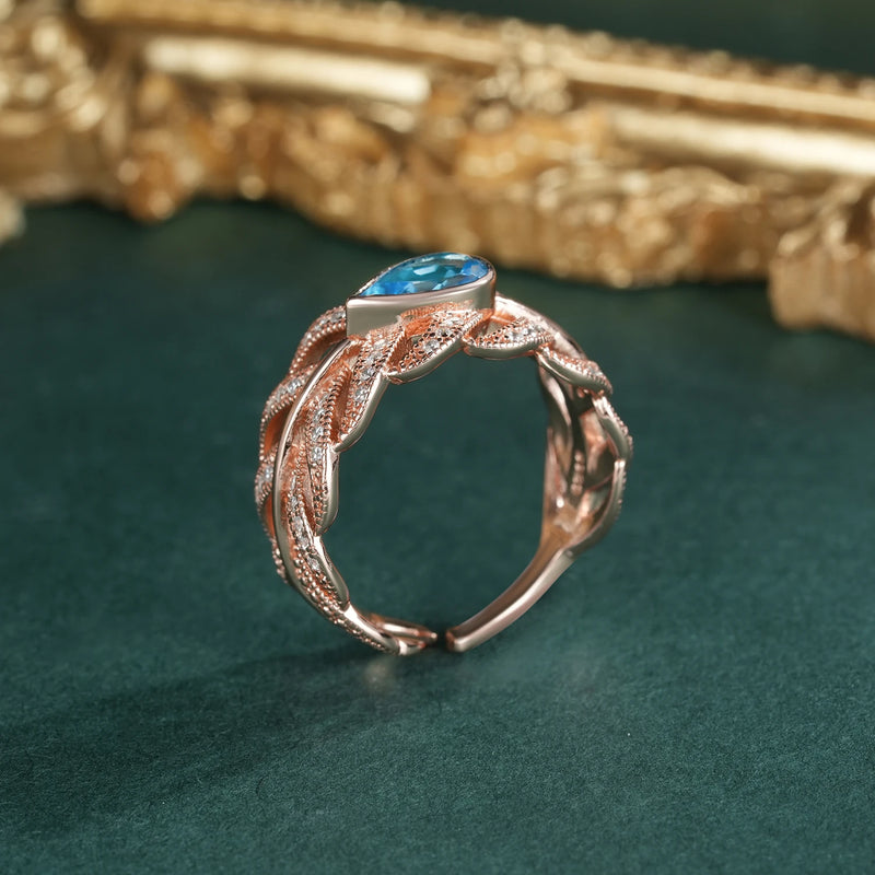 Rose Gold Plated Sterling Silver Swiss Blue Topaz Leaf Opening Ring for Women