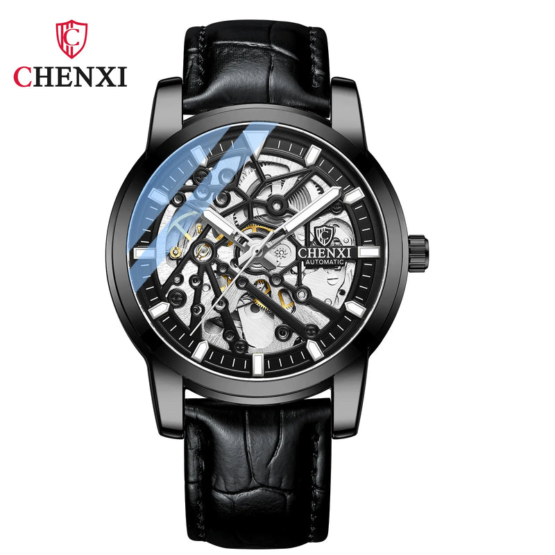 Stainless Steel Leather Strap Automatic Mechanical Watch for Men