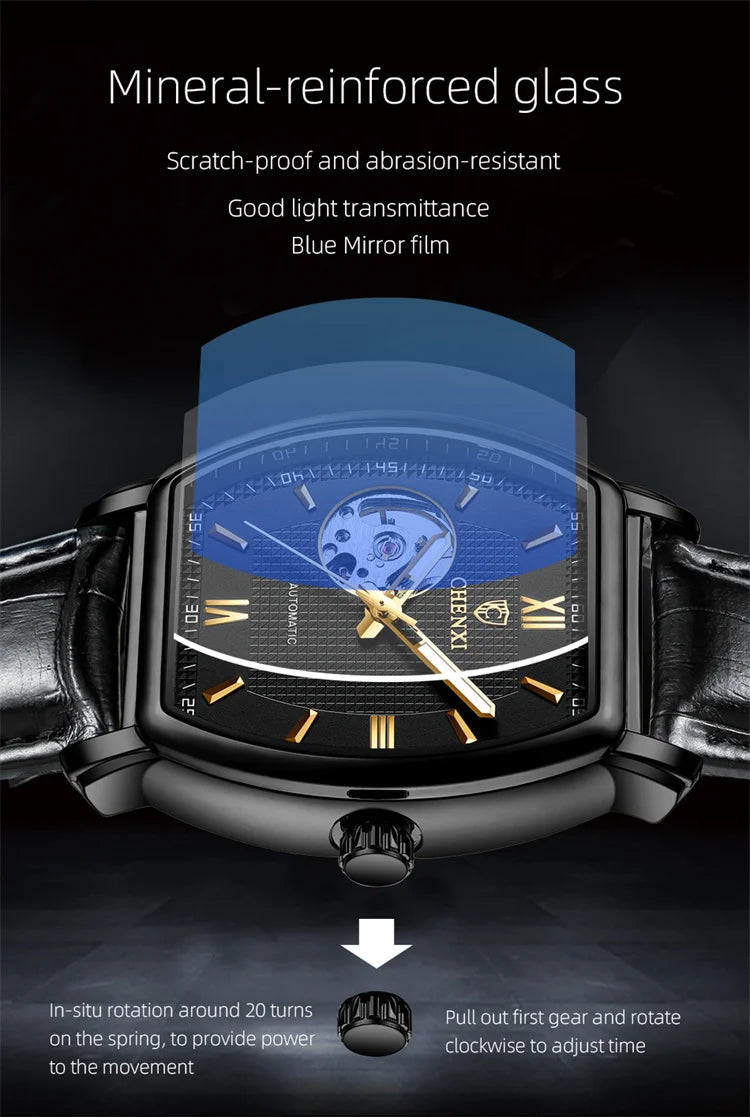 Stainless Steel Fashion Square Hollow Out Mechanical Watch for Men