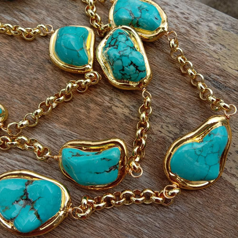 Y.YING 3 Rows Blue Turquoise Freeform Shape Gold Plated Chain Necklace