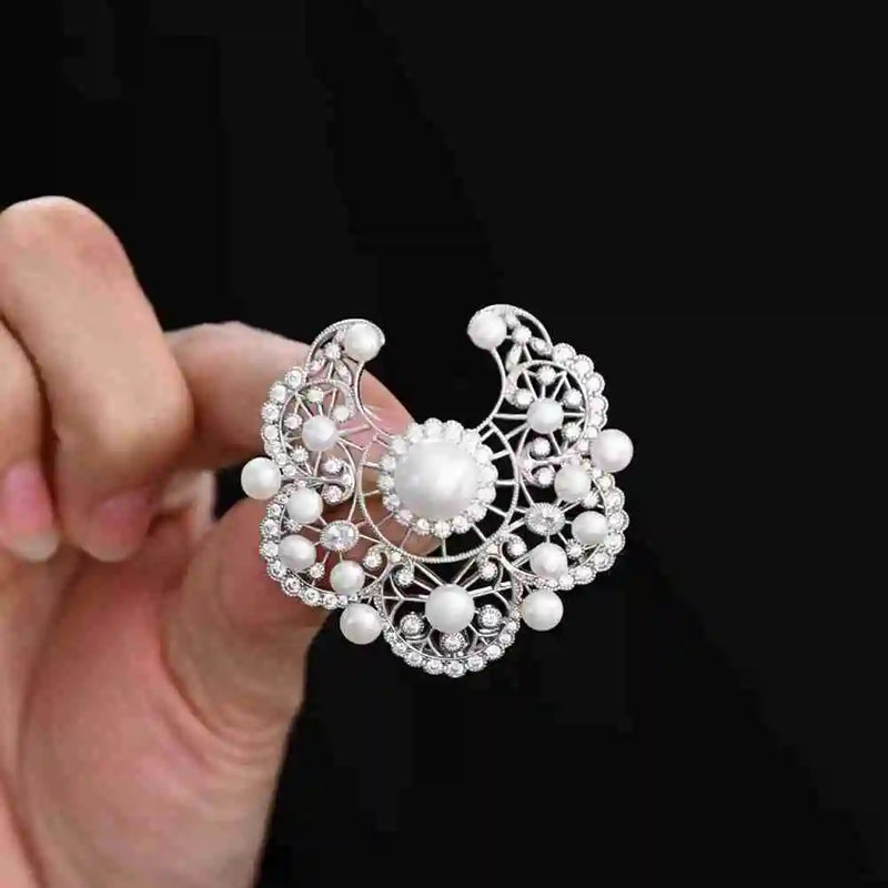 Sterling Silver Freshwater Pearl and White Sapphire Cocktail Brooch for Women