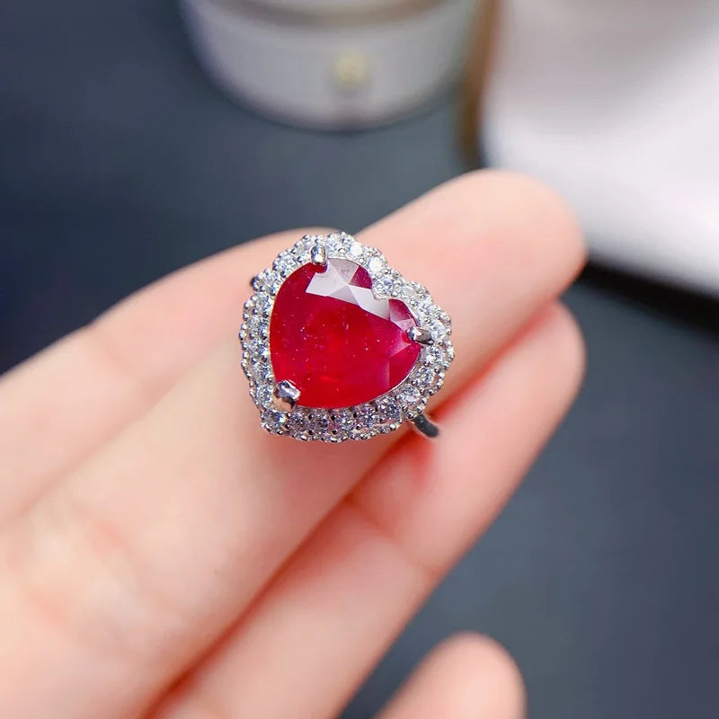 925 Sterling Silver Natural Real Ruby Heart Shape Ring for Women