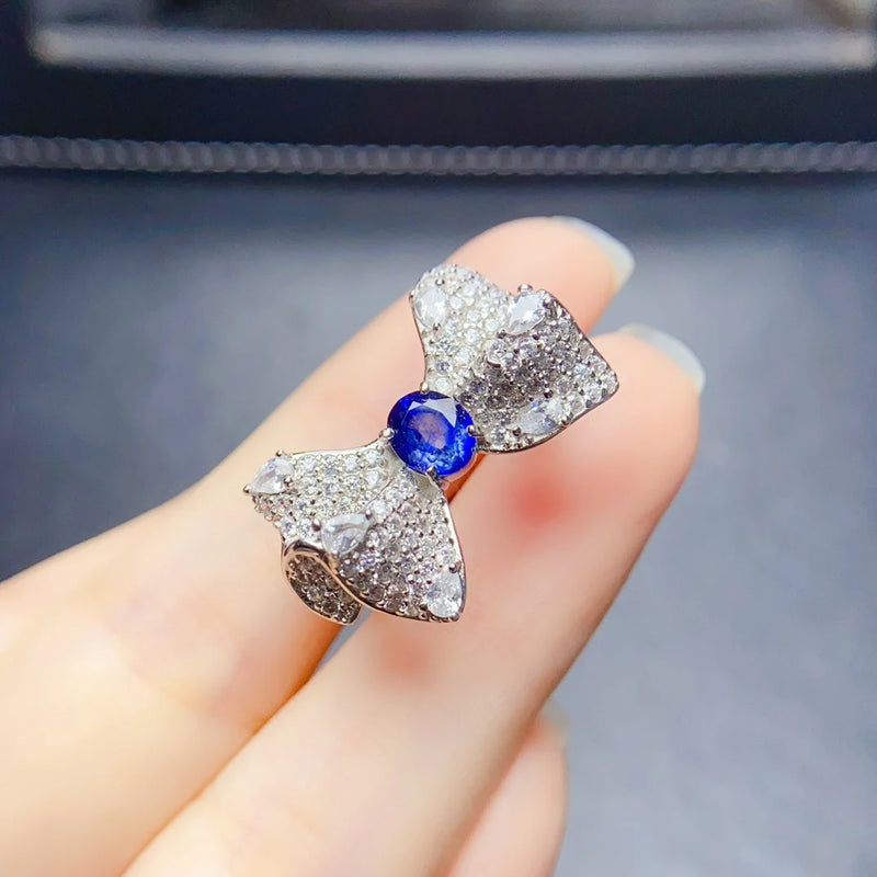 Sterling Silver Natural Sapphire Zircon Bow Ring for Women