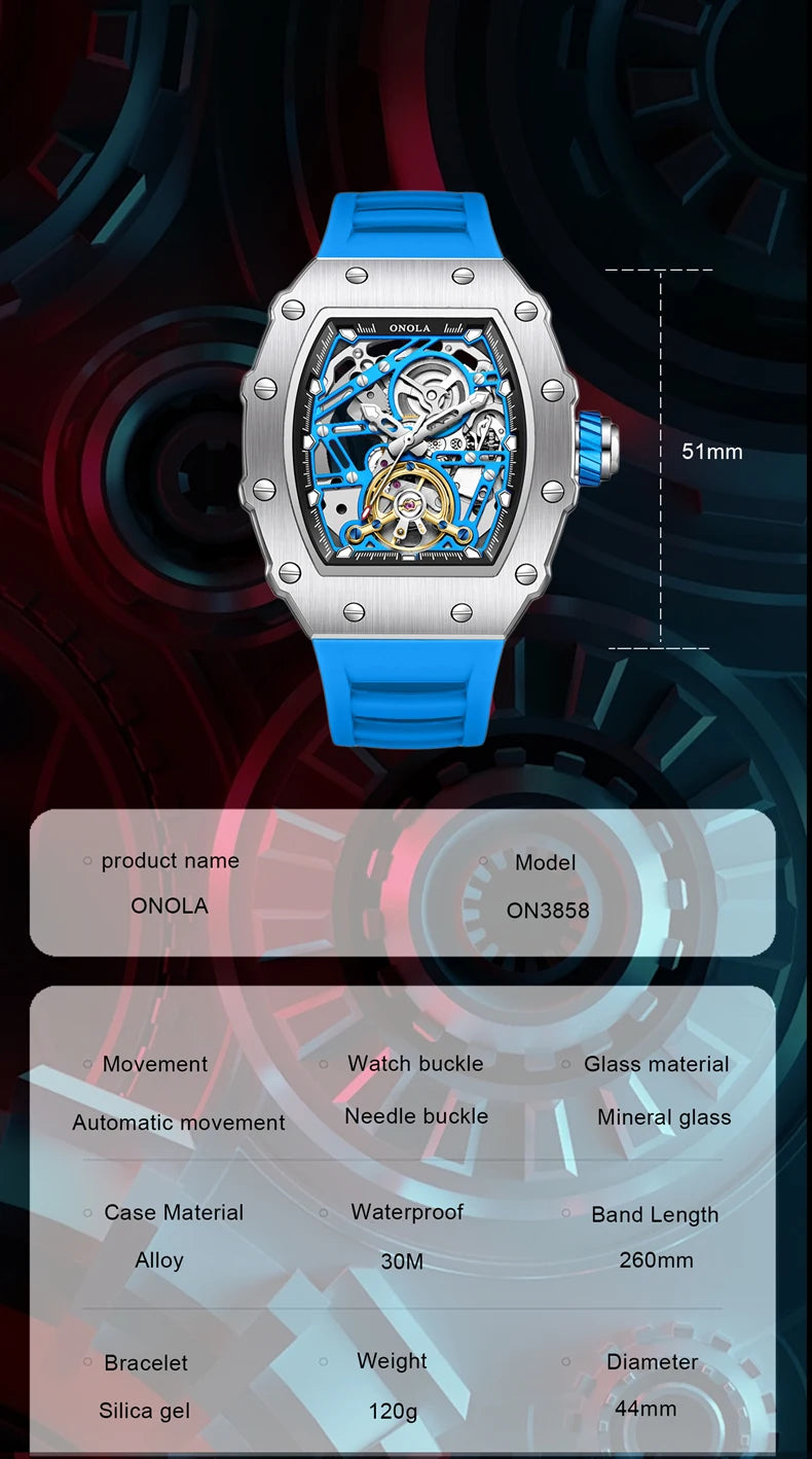 Stainless Steel Silicone Hollow Out Rudder Flywheel Automatic Mechanical Watch for Men