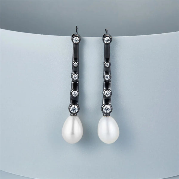 Sterling Silver Black Gold Plated Freshwater Pearl Dangle Earrings for Women