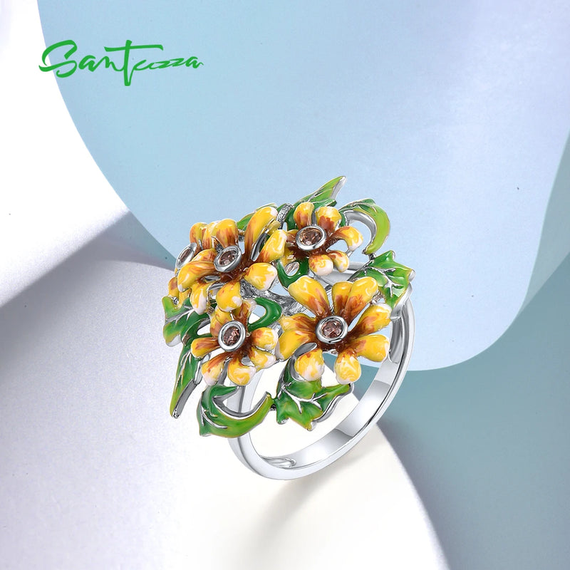 925 Sterling Silver Enamel Flower Ring for Women