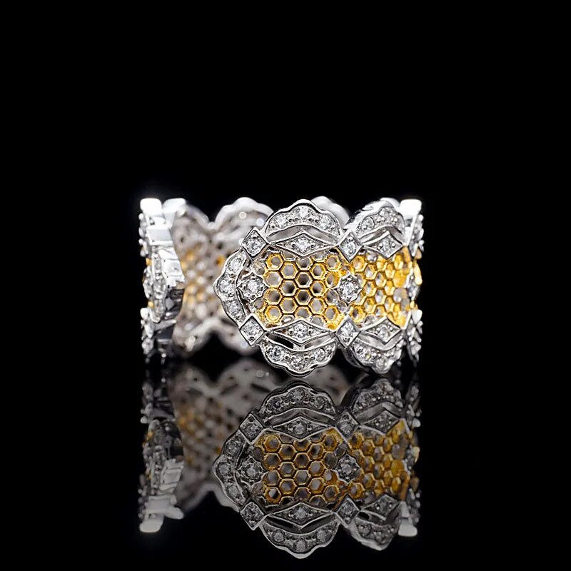 Sterling Silver Gold Plated Honeycomb Lace Open Ring for Women