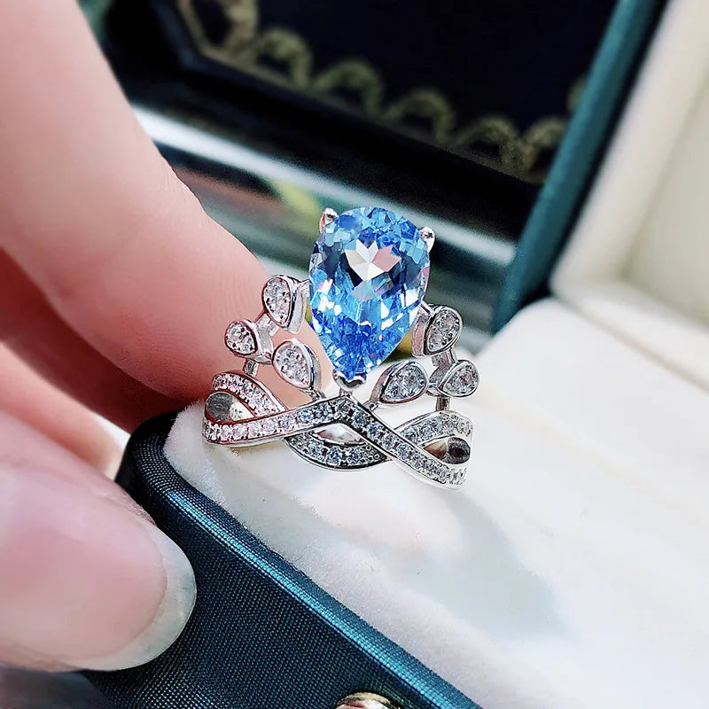 Sterling Silver Blue Topaz Crown Ring for Women