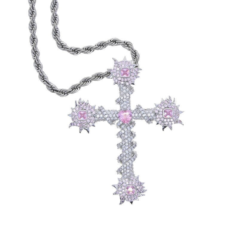 Stainless Steel Cubic Zirconia Paved Hip Hop Cross Pendant Necklace with Pink Heart CZ Stone for Unisex