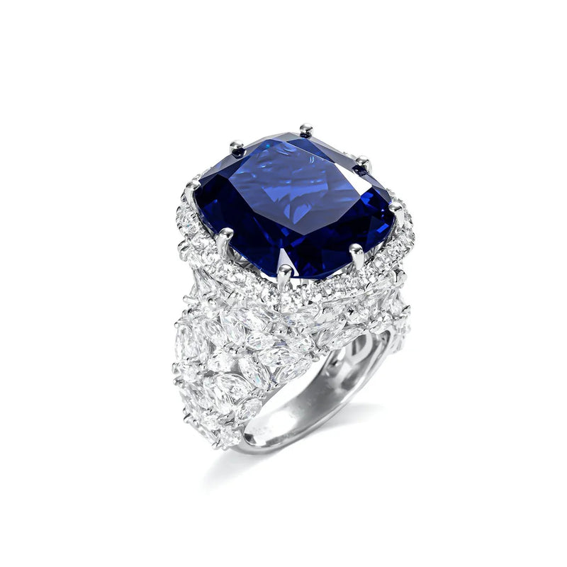 925 Sterling Silver Lab Sapphire High Carbon Diamonds Wedding Engagement Cocktail Ring