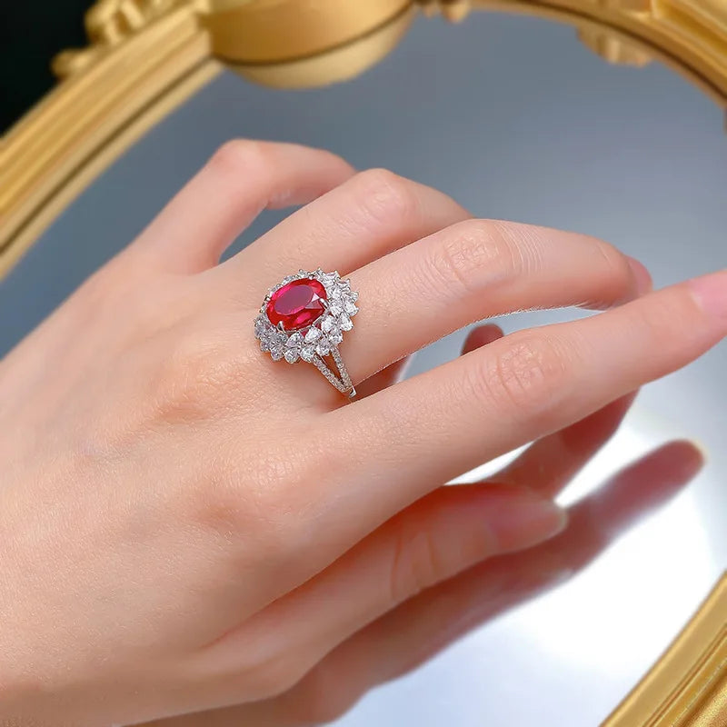 Sterling Silver Pigeon Blood Red Simulation Diamond Flower Cluster Ring for Women