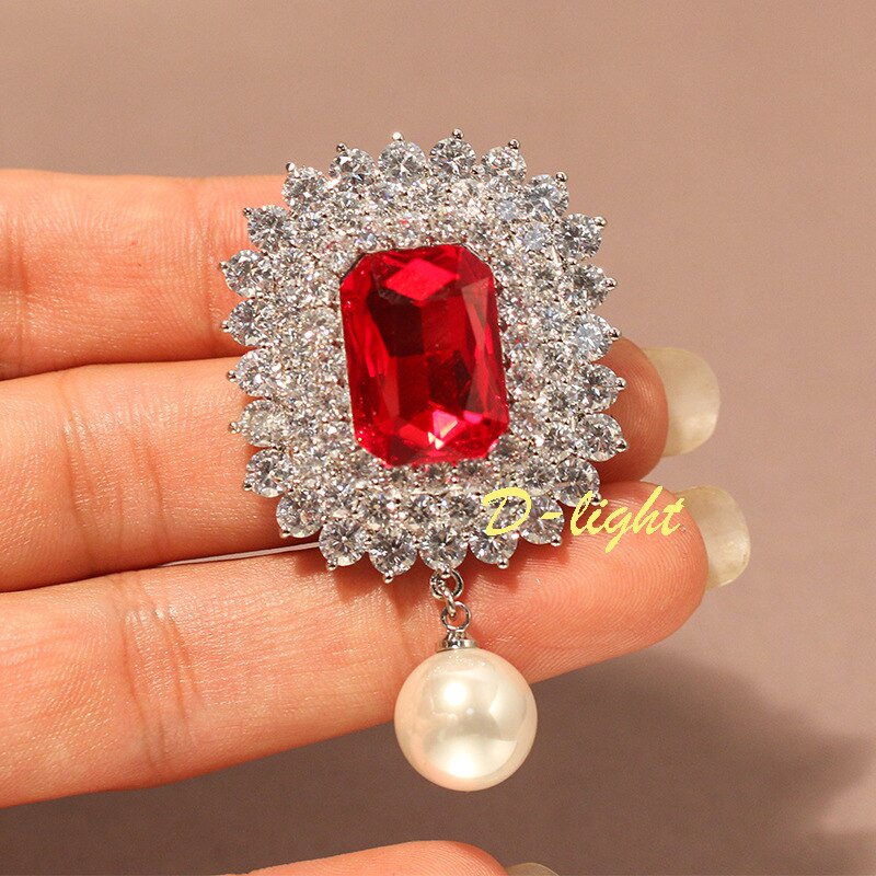 Sterling Silver Pearl Pendant with Ruby and Zircon Brooch for Ladies