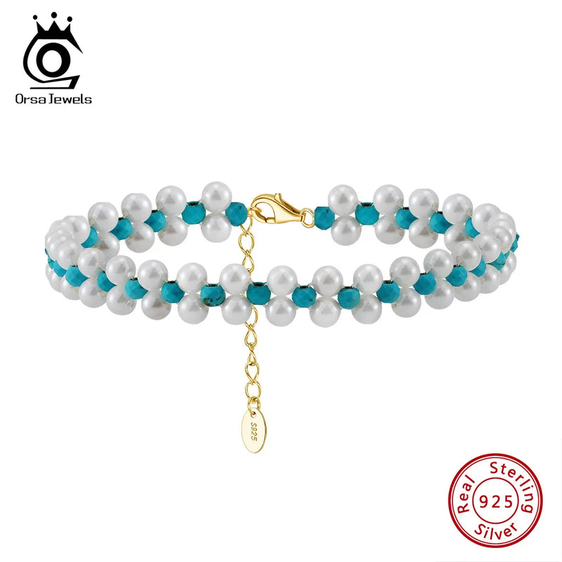 925 Sterling Silver Turquoise and Shell Pearl Chain Bracelet for Women