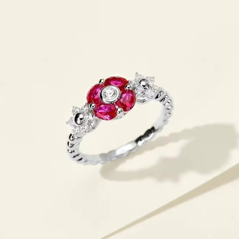 925 Sterling Silver Lab Sapphire Ruby High Carbon Diamonds Gemstone Flower Rings